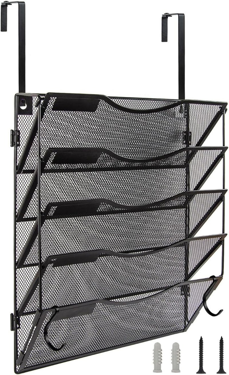 BOHDK Wall File Organizer 5 Pockets, Mail Organizer, Hanging Folder Holder, Foldable | Hanging or Wall Mounted | Label Panel | 2 Hooks | Office Home School Organizer, Black - Image 1